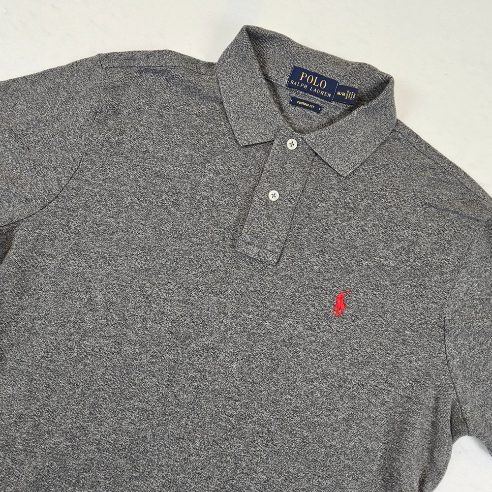 Polo Ralph Lauren Mens Custom Fit Polo Shirt Gray Heather Red Pony Size Medium